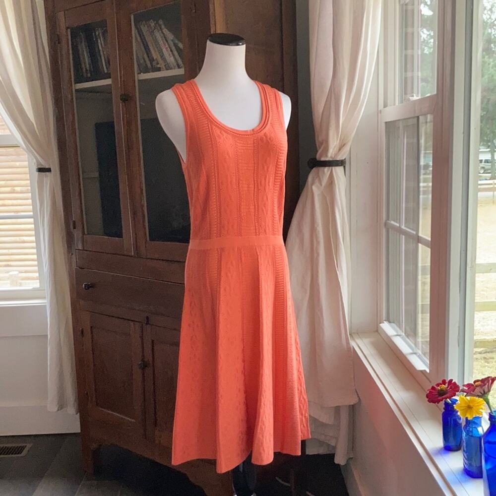 Etcetera Peach Lacy Knit Fit & Flare Sleeveless Dress, Size S